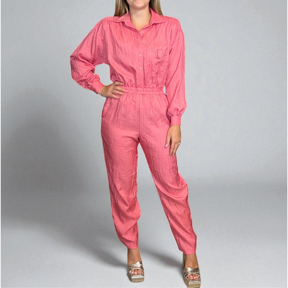 Vintage L. Rothschild Jumpsuit Size 8 Barbie Pink Disco Parachute Elastic Waist - Picture 1 of 10